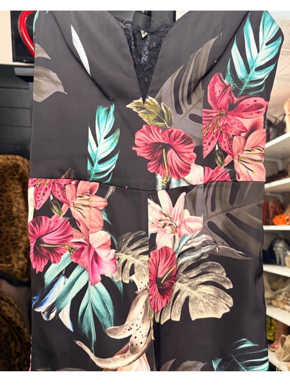 Marciano Black Tropical Floral Jumpsuit with Pink & Teal Accents